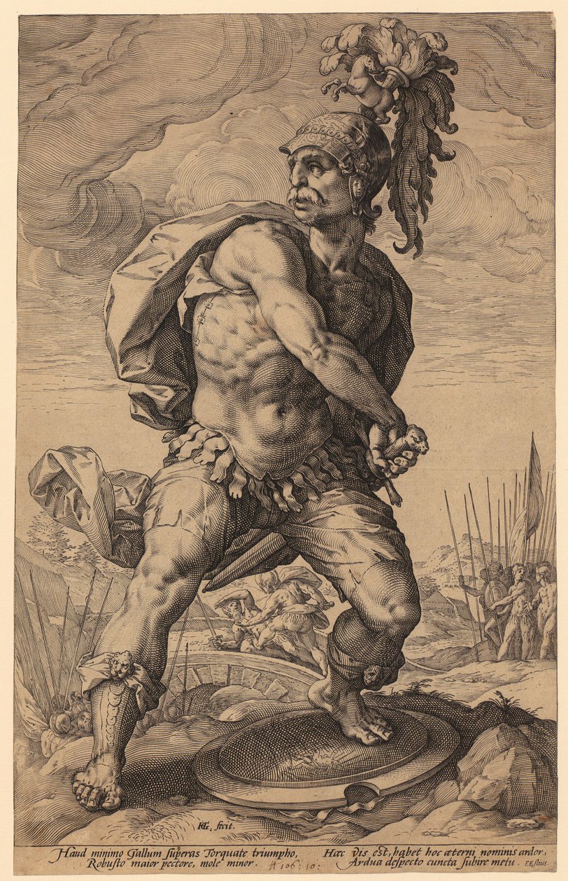 Titus Manlius Torquatus, arkusz 5 z serii „Rzymscy bohaterowie” autorstwa Hendrick Goltzius