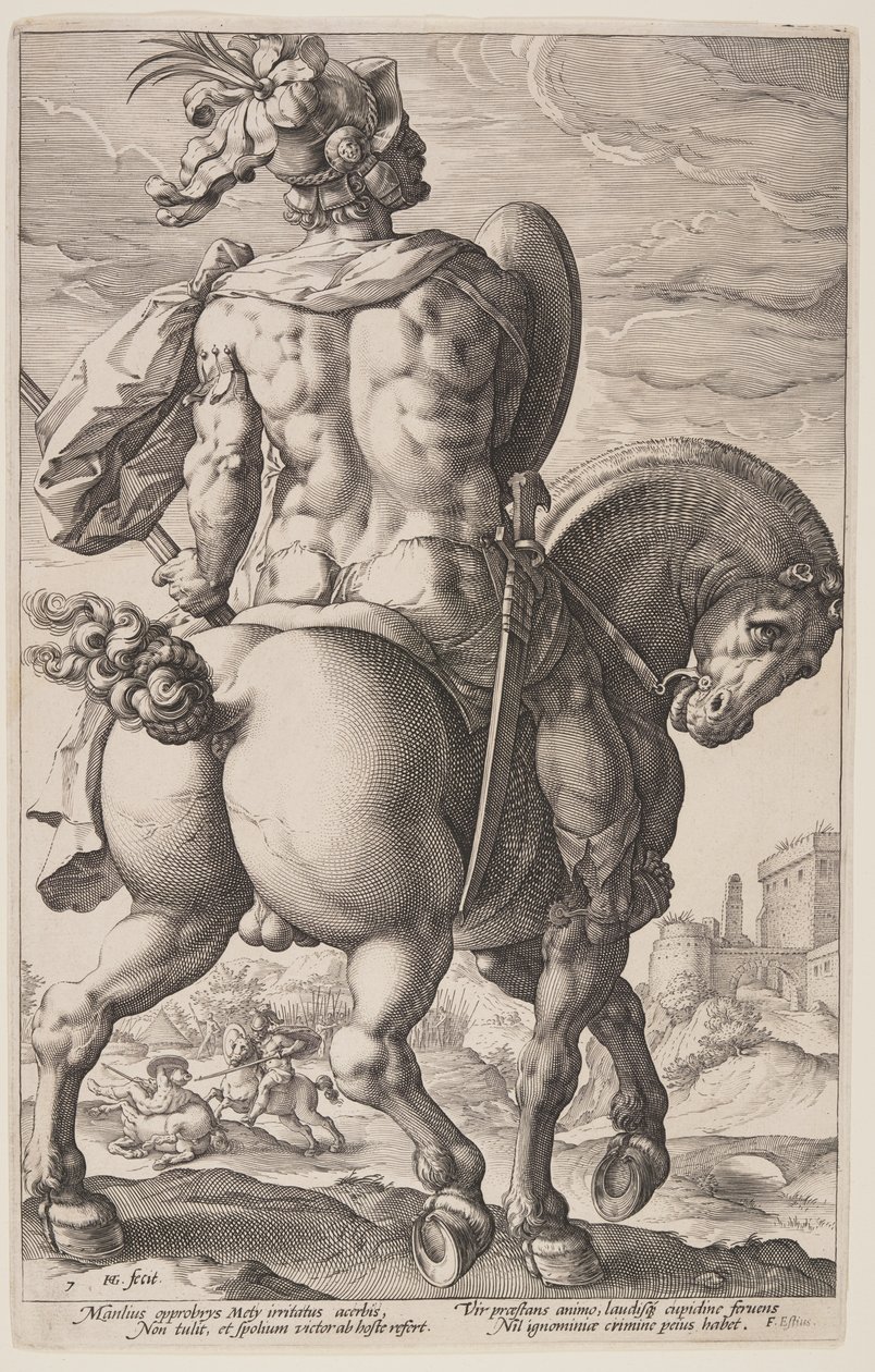 Tytus Manliusz na koniu, z filmu The Roman Heroes autorstwa Hendrick Goltzius