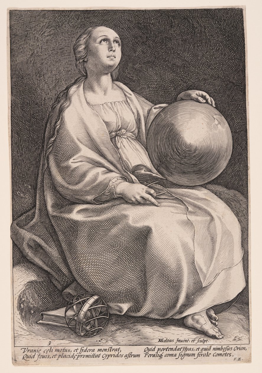 Urania, muza astronomii, z Dziewięciu muz autorstwa Hendrick Goltzius