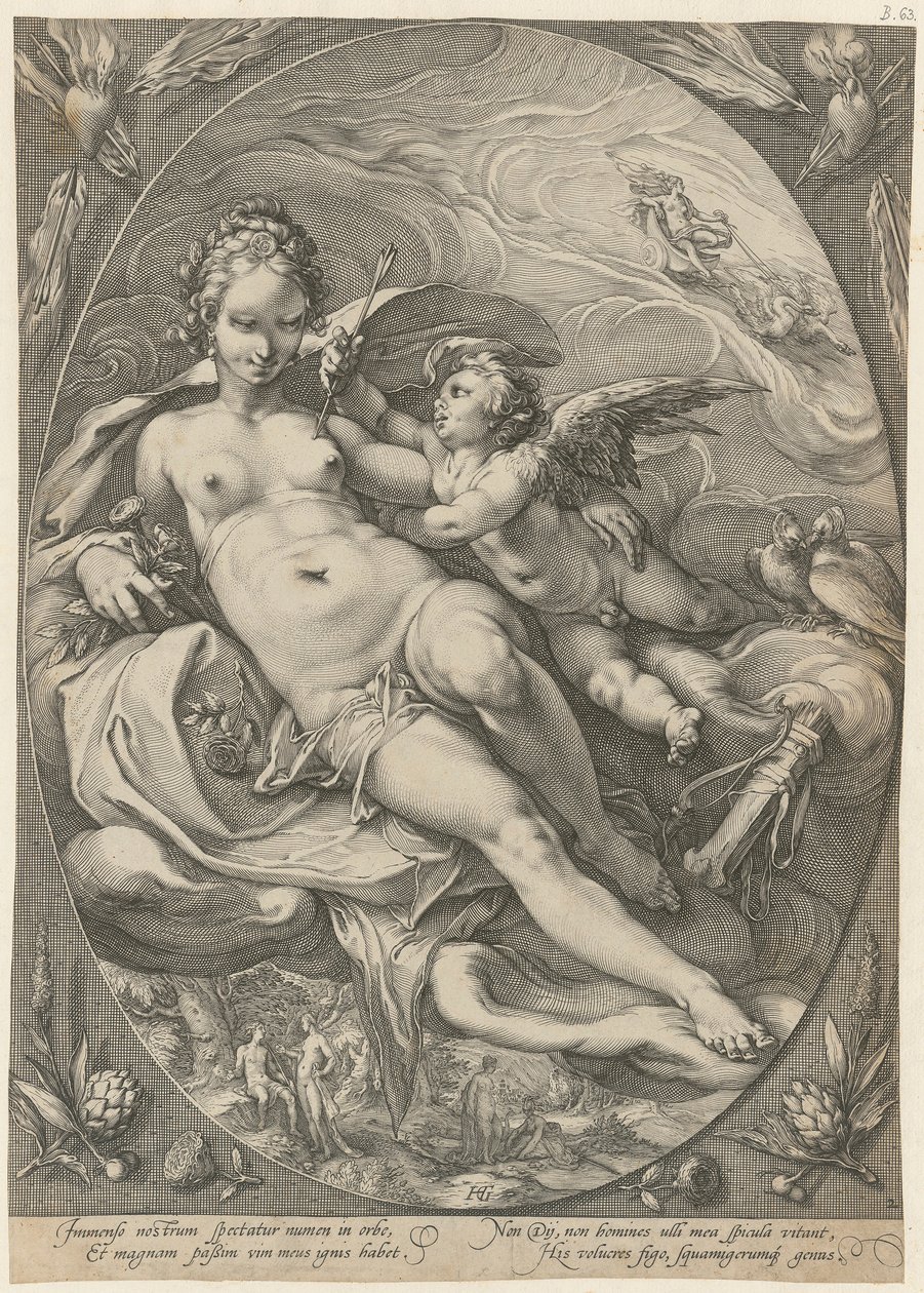 Wenus i Kupidyn, arkusz 2 z cyklu „Trzy boginie” autorstwa Hendrick Goltzius
