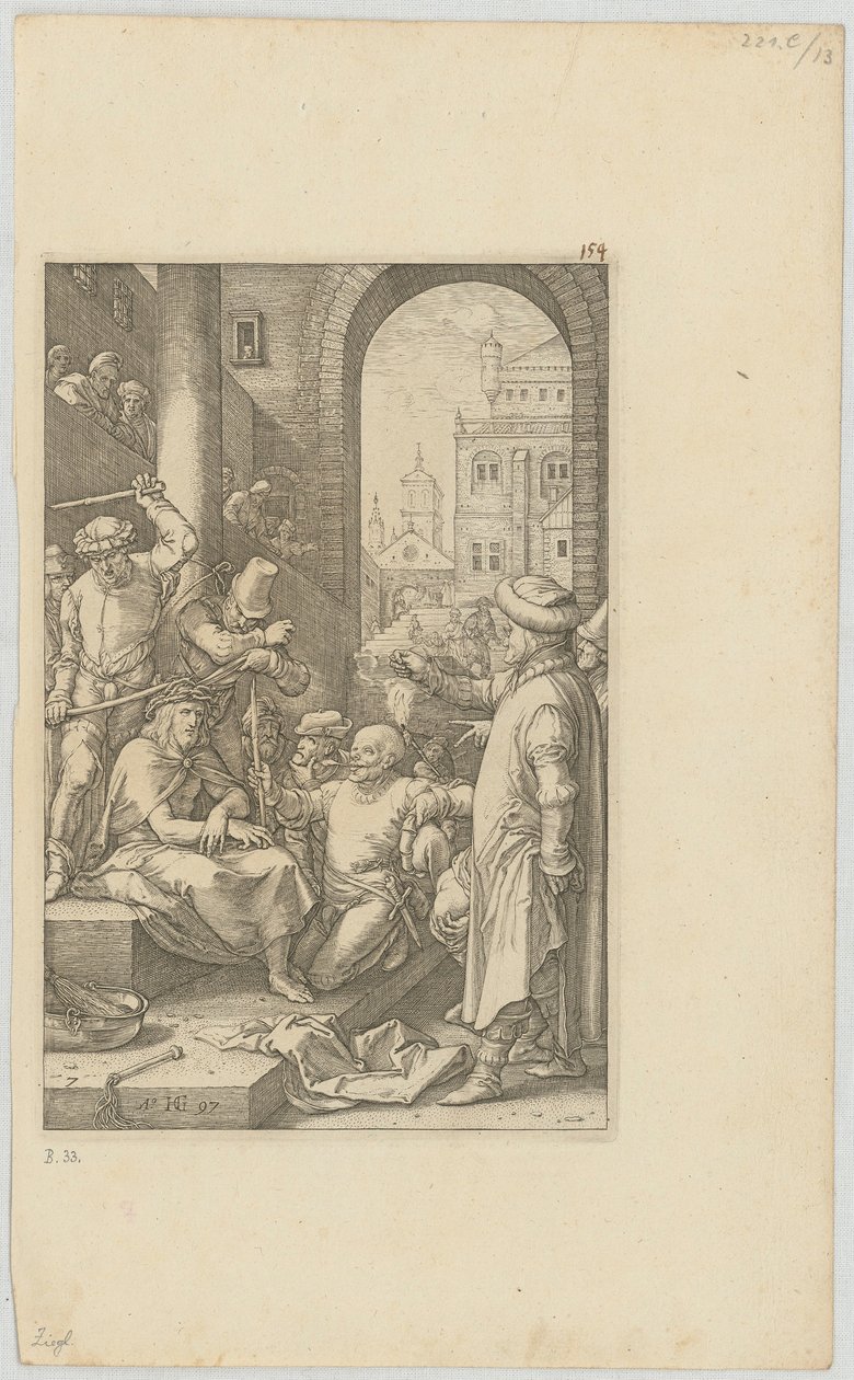 „Drwina z Chrystusa”, arkusz 7 z cyklu „Męka Pańska” autorstwa Hendrick Goltzius