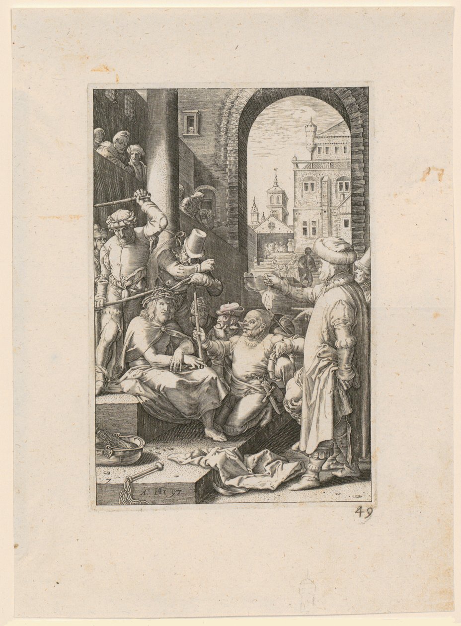 „Drwina z Chrystusa”, arkusz 7 z cyklu „Męka Pańska” autorstwa Hendrick Goltzius