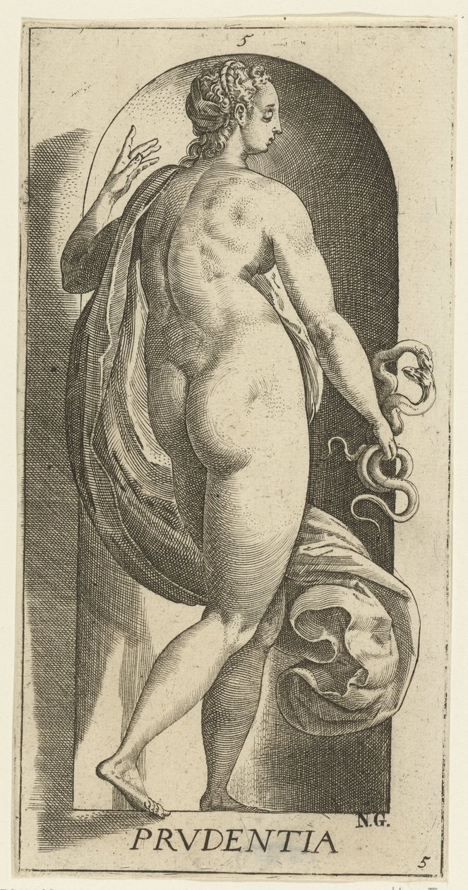 Ostrożność Prudentia (tytuł na przedmiocie) Siedem cnót (tytuł serii) autorstwa Hendrick Goltzius