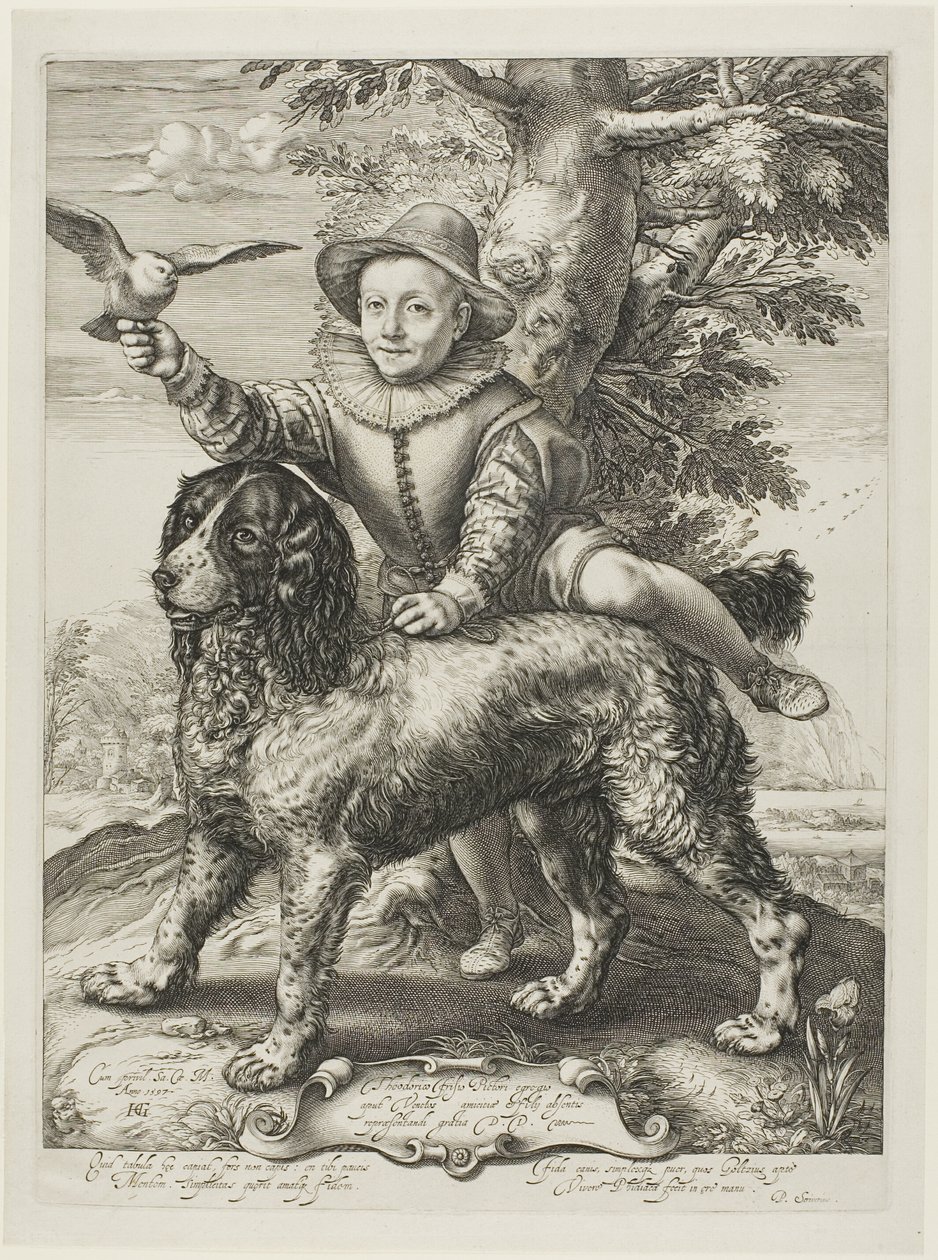 Vries, Frederik de Vries (zm. 1613), syn malarza Dircka de Vriesa, uczeń Goltziusa, z psem Goltziusa autorstwa Hendrick Goltzius