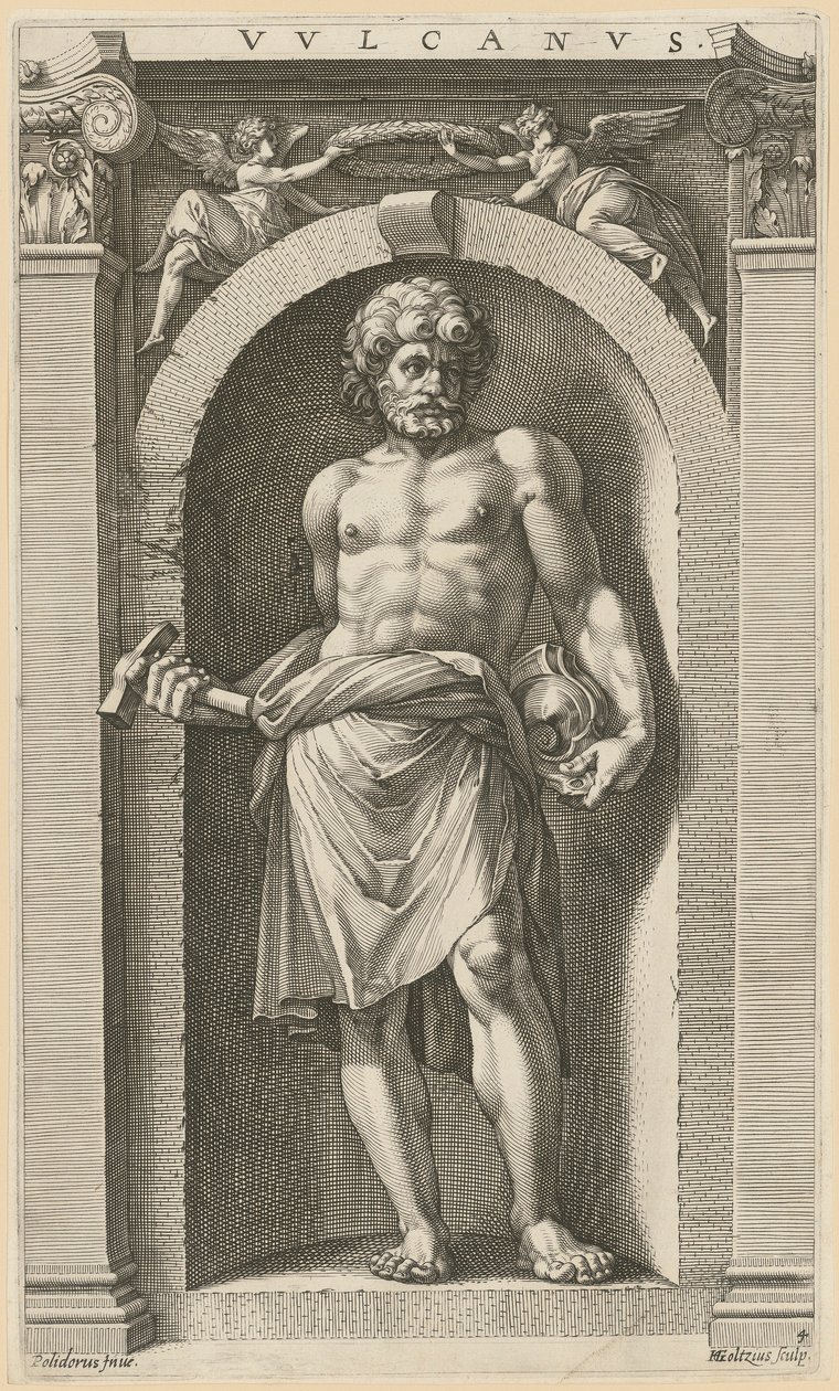 Wulkan, plansza 4 z cyklu „Osiem antycznych bóstw” autorstwa Hendrick Goltzius
