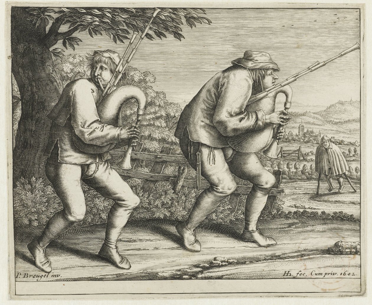 Dwóch dudziarzy Pielgrzymka do Molenbeek (tytuł serii) autorstwa Hendrick Hondius (I)