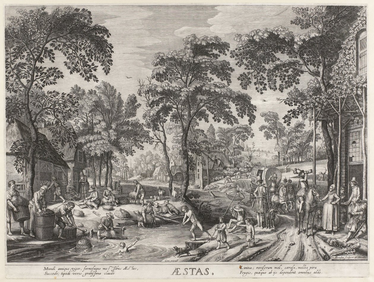 Lato, towarzystwo nad jeziorem Aesty (tytuł na obiekcie) Cztery pory roku (tytuł serii) autorstwa Hendrick Hondius (I)