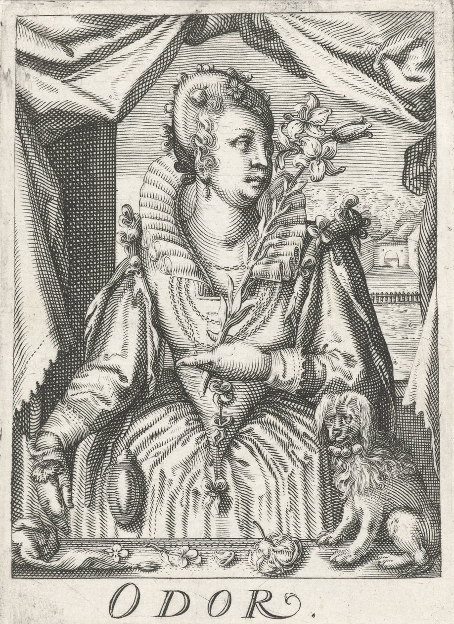 Zapach (zapach), kobieta z gałązką kwiatową Zapach (tytuł na przedmiocie) Pięć zmysłów (tytuł serii) autorstwa Hendrick Hondius (rejected attribution)