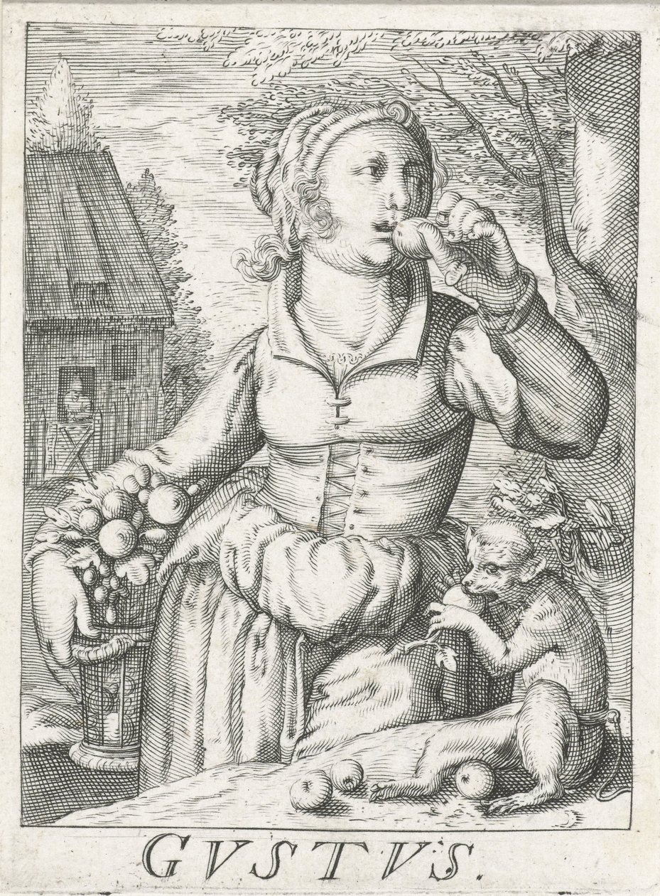 Smak (Gustus), kobieta z owocami Gustus (tytuł na obiekcie) Pięć zmysłów (tytuł serii) autorstwa Hendrick Hondius (rejected attribution)