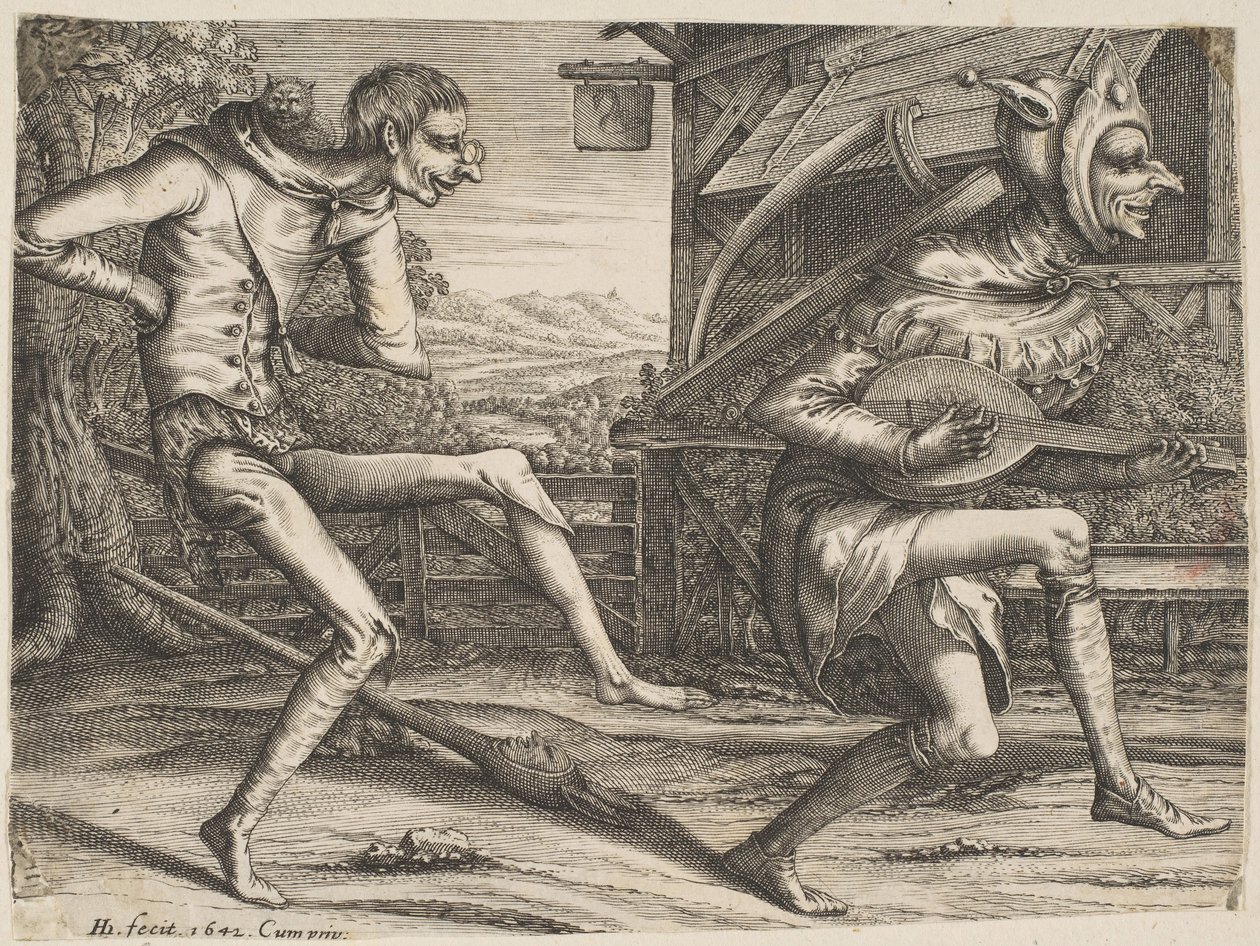 Dwóch głupców tańczących z karnawału dwóch i trzech głupców, 1642. autorstwa Hendrick Hondius I