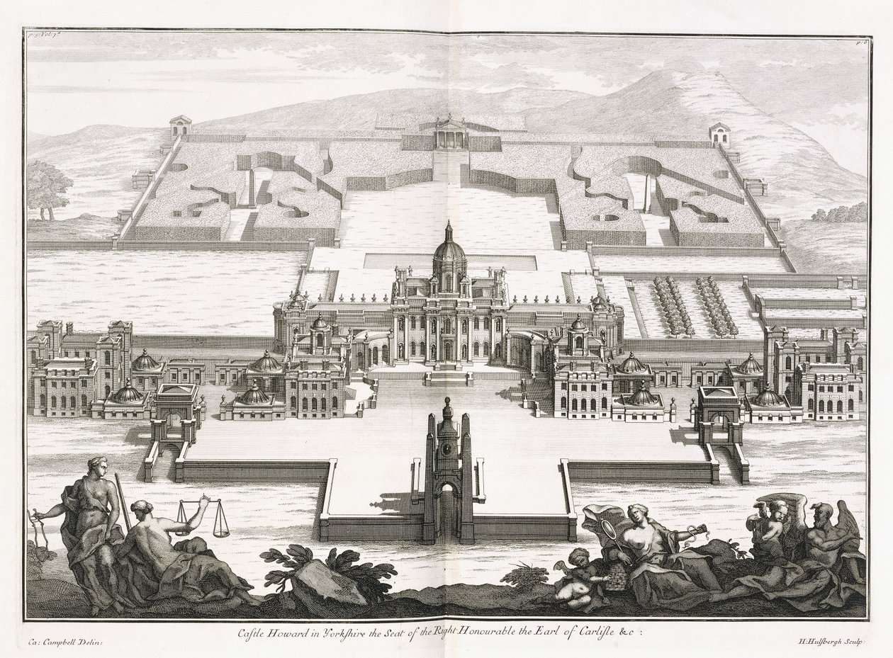 Zamek Howard w Yorkshire, z „Vitruvius Britannicus” lub „The British Architect, zawierający plany, elewacje i sekcje regularnych budynków publicznych i prywatnych w Wielkiej Brytanii” autorstwa Colina Campbella autorstwa Hendrick Hulsberg
