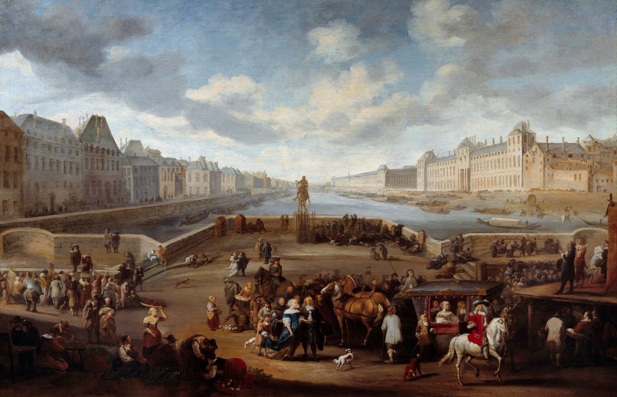 Widok na Paryż z Luwrem z mostu Henryka IV (Actuel Pont Neuf). Obraz Hendricksa Mommersa (1623-1693) autorstwa Hendrick Mommers