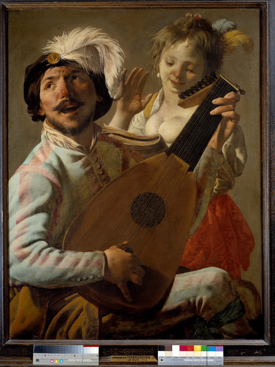 Duet Piosenkarka grająca na lutni z tancerką. Obraz Hendricka ter Brugghena (lub Terbrugghen autorstwa Hendrick ter Brugghen