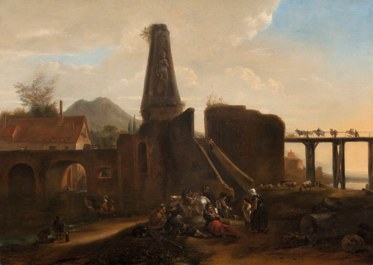 Travelers at Rest obok klasycznych ruin, 1663 olej na płótnie autorstwa Hendrick Verschuring