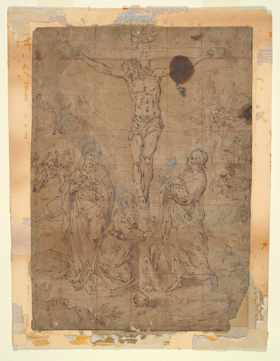 Chrystus na krzyżu między Dziewicą a św. Janem ze scenami Męki Pańskiej w tle autorstwa Hendrick de Clerck