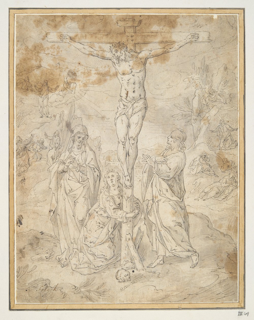 Chrystus na krzyżu między Dziewicą a św. Janem ze scenami Męki Pańskiej w tle autorstwa Hendrick de Clerck