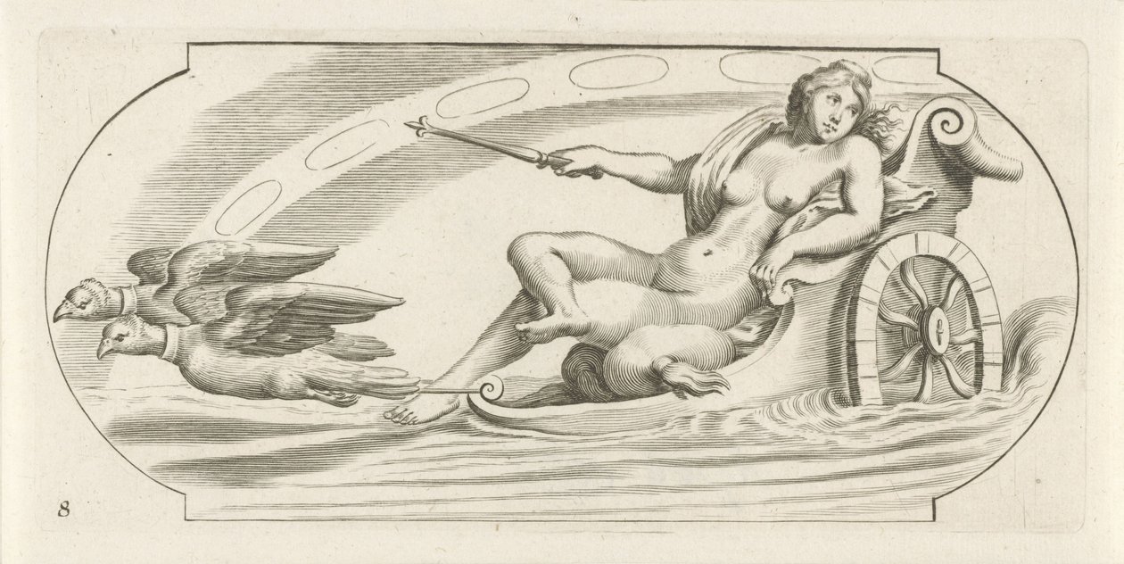 Zorza polarna na rydwanie Nouveau Livre des Dieux et Deeßes De la Marine Bouckje of Sea Gods and Goddesses (tytuł serii) autorstwa Hendrick de Keyser (I)