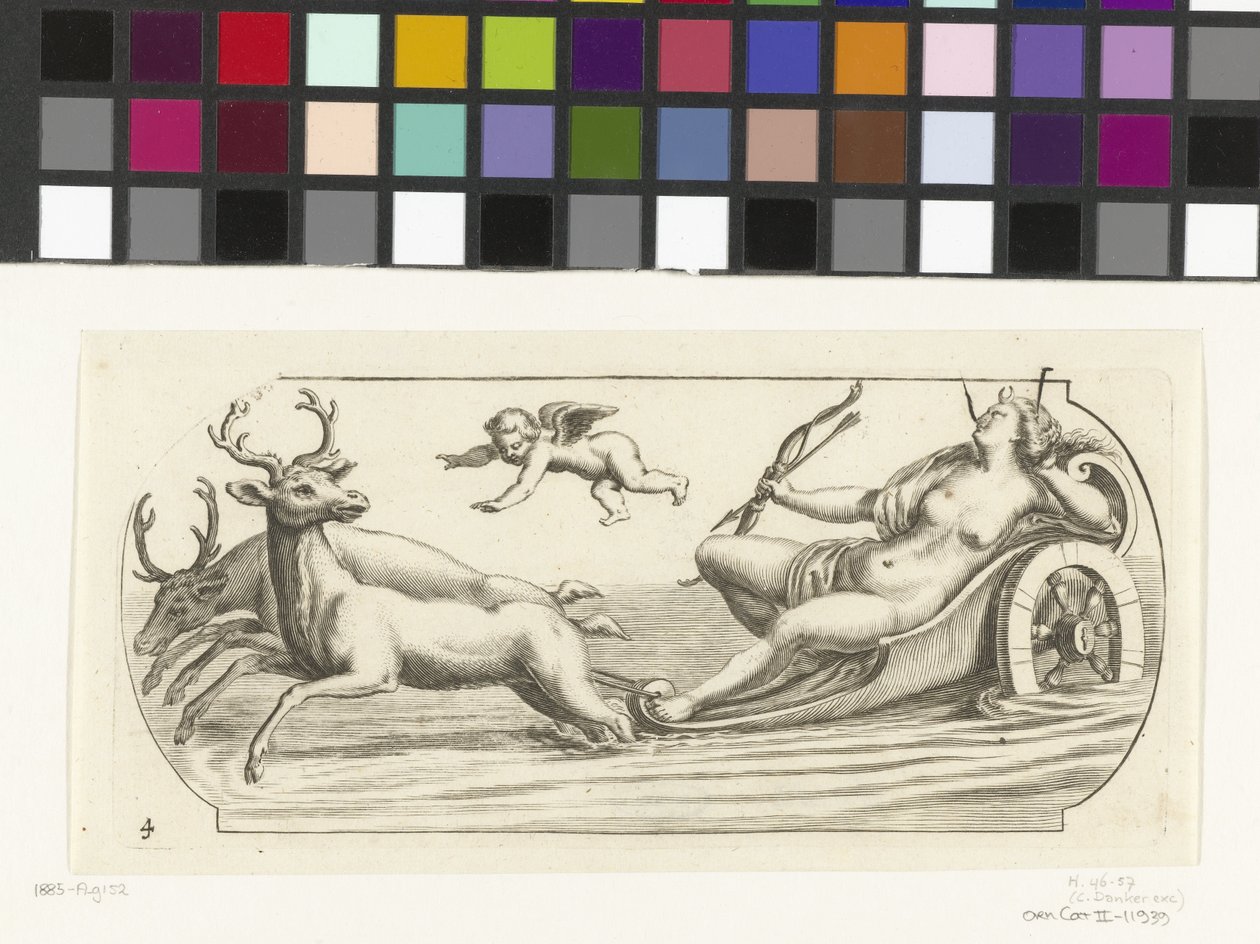 Diana na rydwanie Nouveau Livre des Dieux et Deeßes De la Marine Bouckje of Sea Gods and Goddesses (tytuł serii) autorstwa Hendrick de Keyser (I)