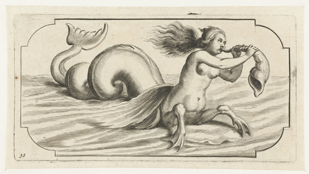 Postać kobieca wieje na muszli Nouveau Livre des Dieux et Deeßes De la Marine Bouckje of Sea Gods and Goddesses (tytuł serii) autorstwa Hendrick de Keyser (I)