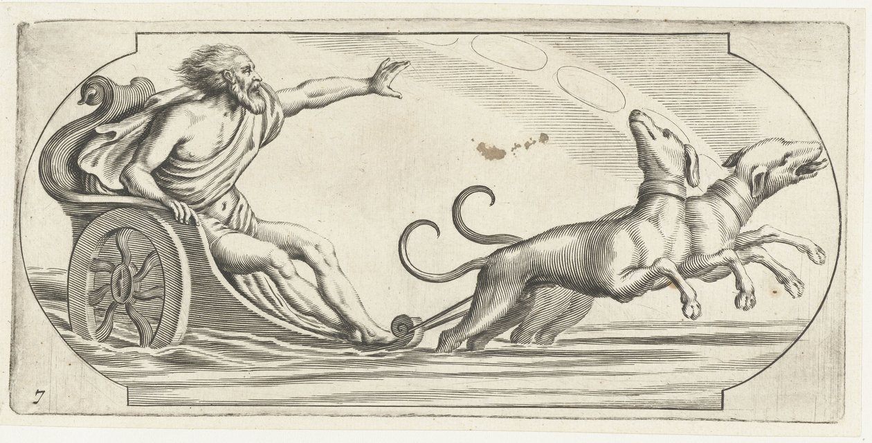 Bóg morza na rydwanie Nouveau Livre des Dieux et Deeßes De la Marine Bouckje of Sea Gods and Goddesses (tytuł serii) autorstwa Hendrick de Keyser (I)