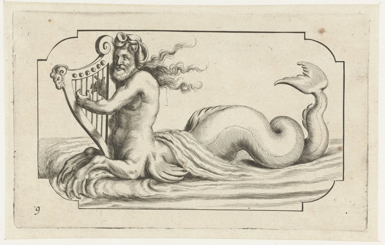 Triton grający na harfie Nouveau Livre des Dieux et Deeßes De la Marine Bouckje of Sea Gods and Goddesses (tytuł serii) autorstwa Hendrick de Keyser (I)