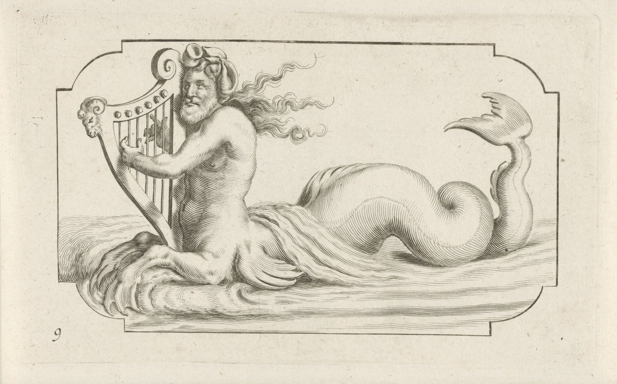 Triton grający na harfie Nouveau Livre des Dieux et Deeßes De la Marine Bouckje of Sea Gods and Goddesses (tytuł serii) autorstwa Hendrick de Keyser (I)