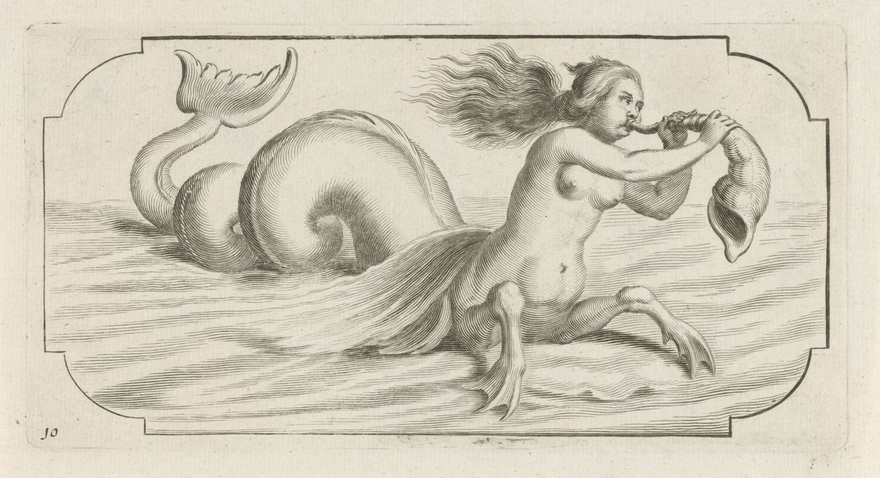 Postać kobieca wieje na muszli Nouveau Livre des Dieux et Deeßes De la Marine Bouckje of Sea Gods and Goddesses (tytuł serii) autorstwa Hendrick de Keyser (I)