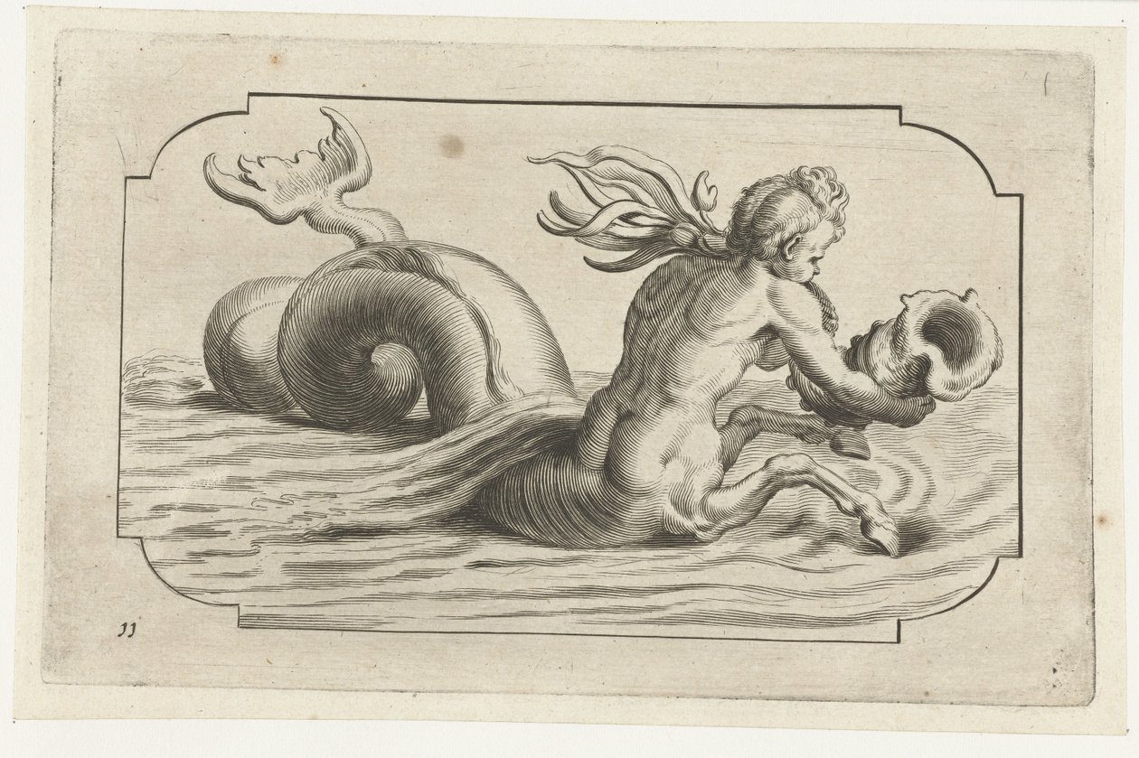 Konik morski z męskim torsem Nouveau Livre des Dieux et Deeßes De la Marine Bouckje of Sea Gods and Goddesses (tytuł serii) autorstwa Hendrick de Keyser (I)