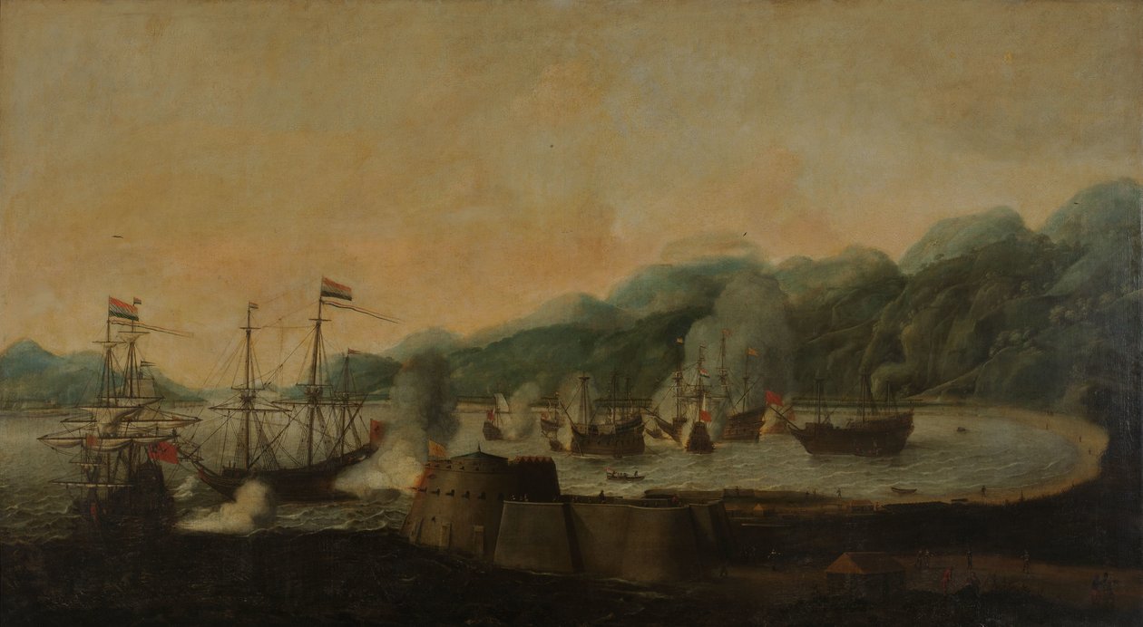 Holenderska eskadra pod dowództwem Cornelisa Simonsza van der Veera przeprowadza atak z zaskoczenia na trzy galeony portugalskie w zatoce Goa Velha, 30 września 1639 autorstwa Hendrick van Anthonissen