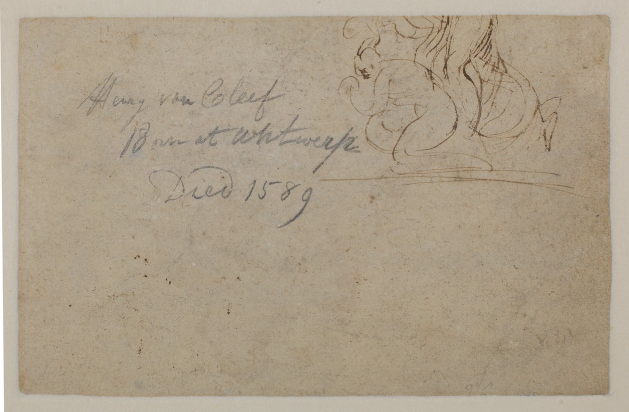 Adnotacja z późniejszej ręki. Szkic kucającej postaci i konia stojącego na dębie, ?, XVI w. autorstwa Hendrick van Cleve