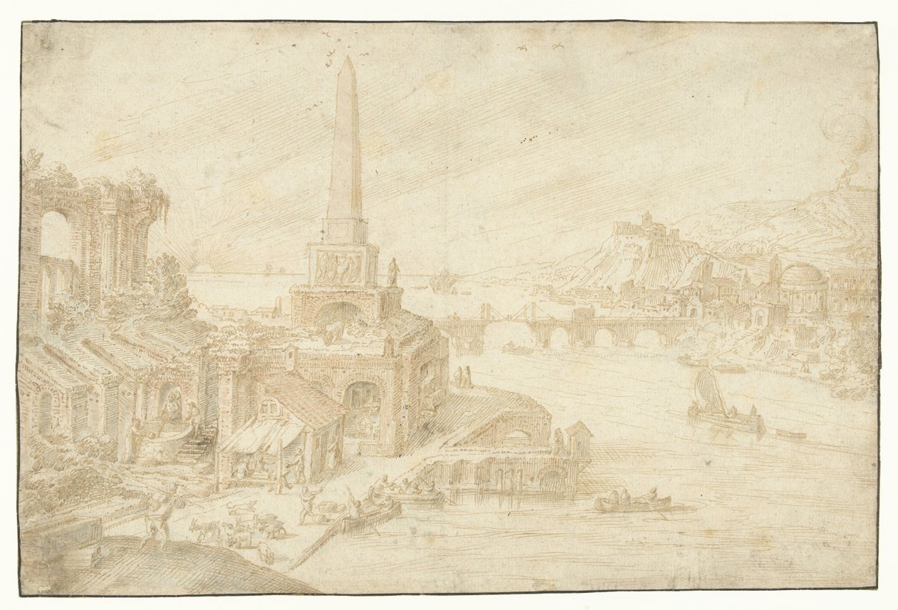 Obelisk naast ruin Regiony, Wieś, Fundorum (...) (tytuł serii) autorstwa Hendrick van Cleve