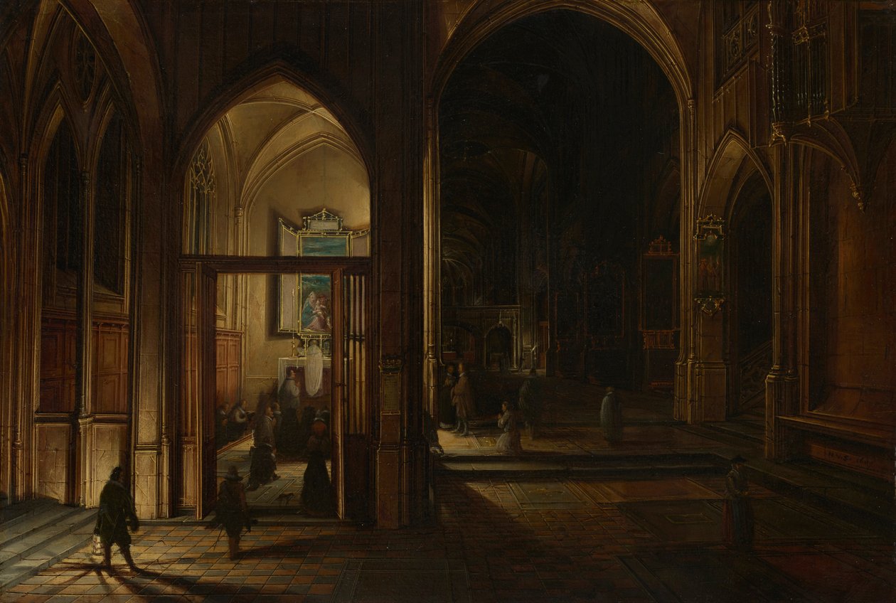 Wnętrze gotyckiego kościoła nocą autorstwa Hendrick van Steenwijk the Younger