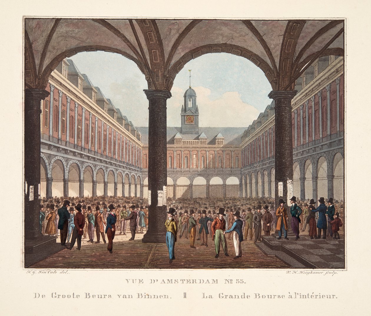 Widok na Amsterdam nr 33. De Groote Beurs van Binnen. Wielka Giełda w środku, 1825 (rycina ręcznie kolorowana) autorstwa Hendrik Gerrit ten Cate