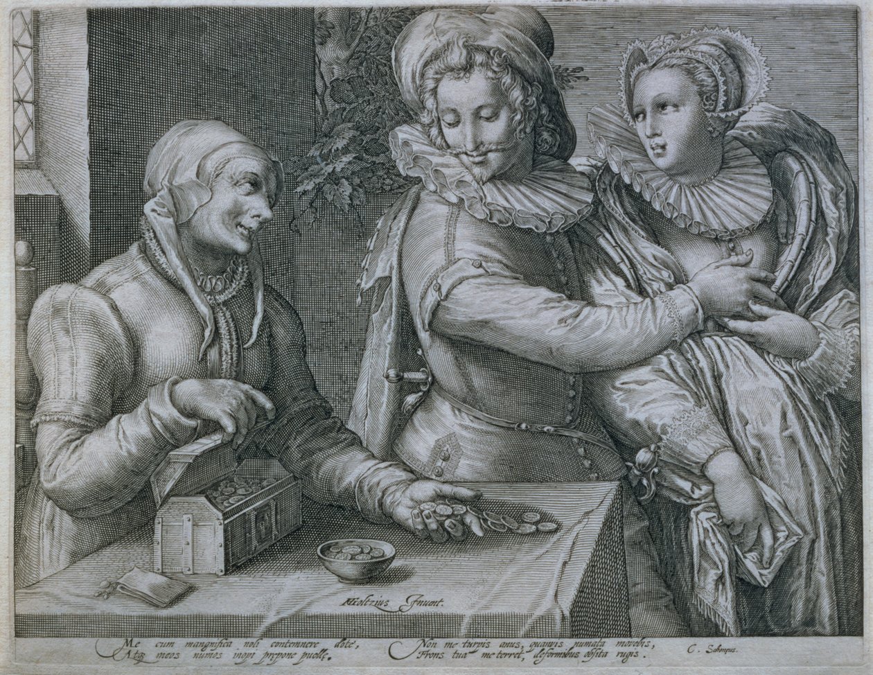 Młody mężczyzna wybierający miłość do piękna, a nie bogactwa, ryty przez Jacoba Mathama (1571-1631) autorstwa Hendrik Goltzius