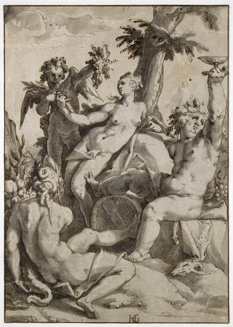 Ceres, Wenus i Bachus, XVI w. (pióro i atrament i szare przemycie na papierze) autorstwa Hendrik Goltzius
