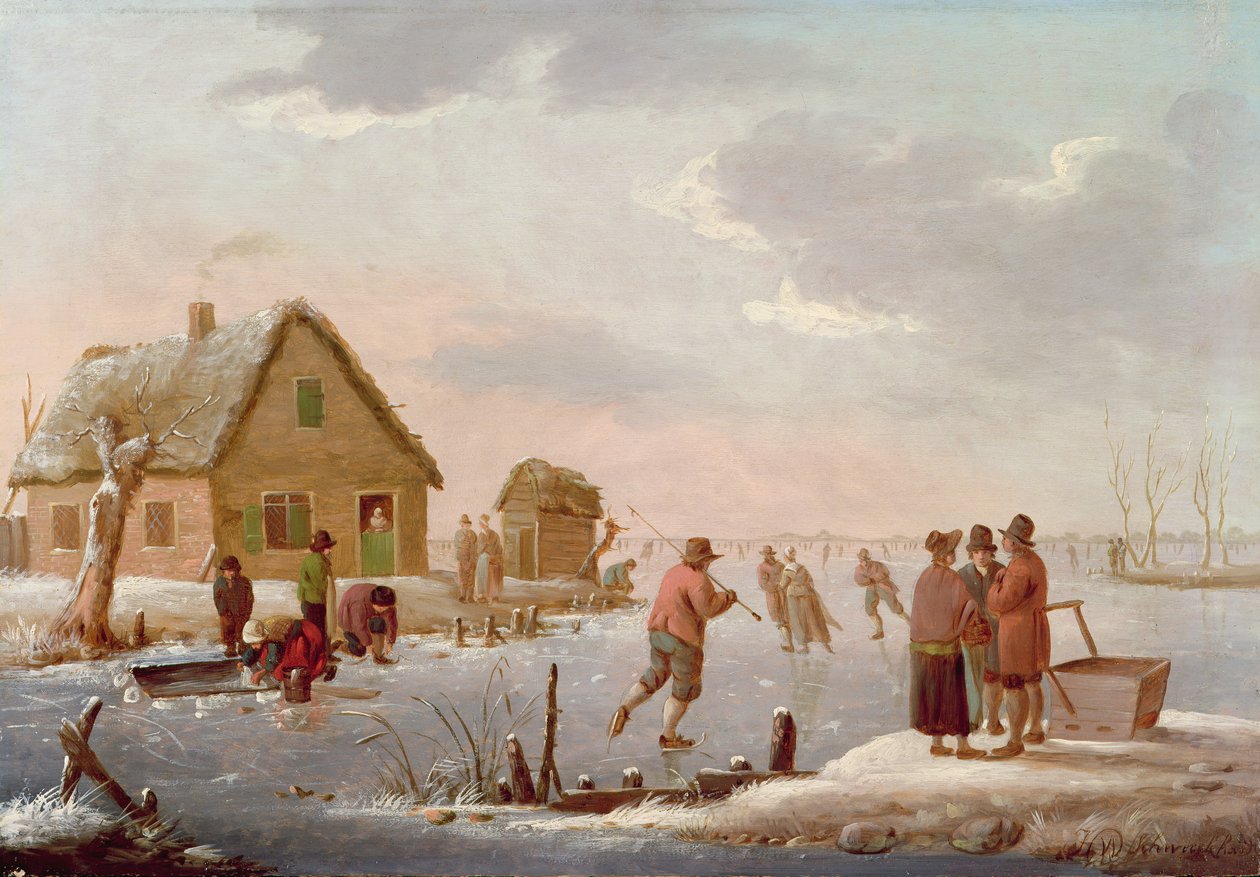 Łyżwiarstwo figurowe w zimowym krajobrazie (panel) autorstwa Hendrik Willem Schweickardt