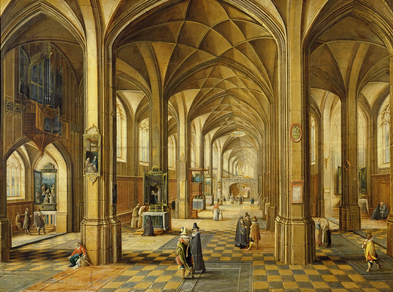 Wnętrze kościoła w stylu gotyckim z trzema nawami autorstwa Hendrik the Younger Steenwyck
