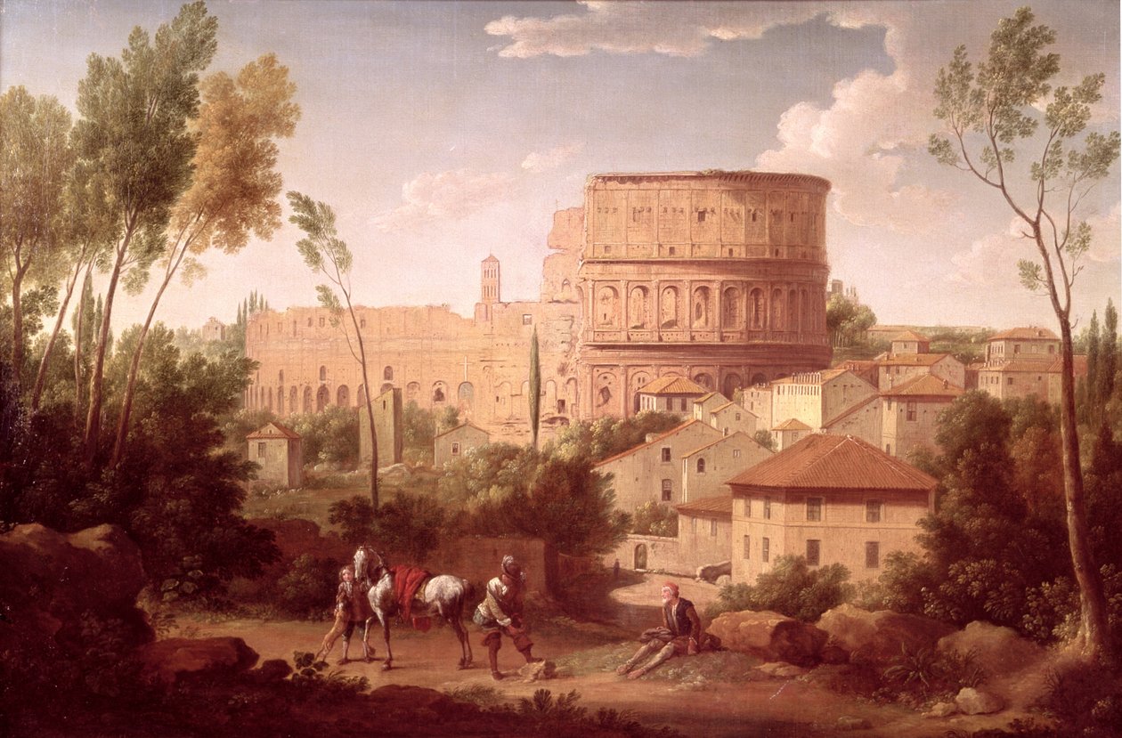 Widok Koloseum z podróżnikiem, 1731 autorstwa Hendrik van Lint