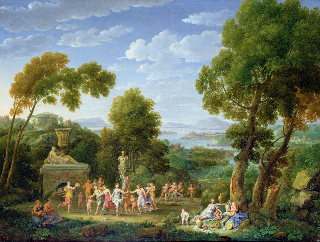 Zalesiony pejzaż włoski z tańczącymi nimfami, 1728 autorstwa Hendrik van Lint