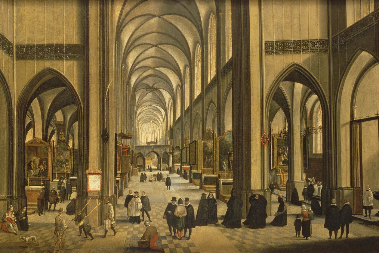 Wnętrze katedry w Antwerpii z Siedmioma Sakramentami, 1590 autorstwa Hendrik van Steenwyck