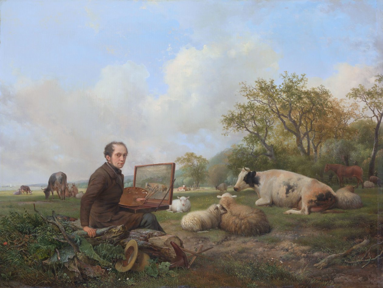 Sam malarz malujący w krajobrazie łąkowym z bydłem autorstwa Hendrick van de Sande Bakhuyzen