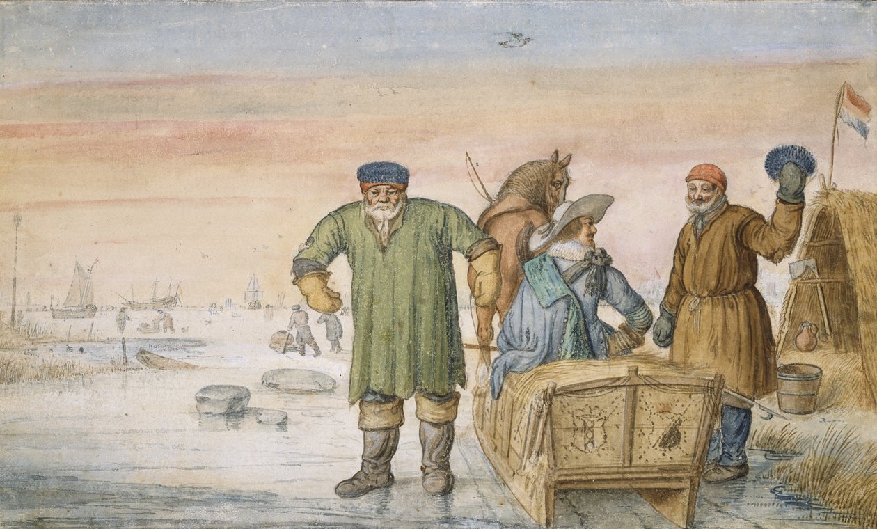 Dwóch starców obok sań z herbami Amsterdamu i Utrechtu, 1620-33 autorstwa Hendrik Avercamp