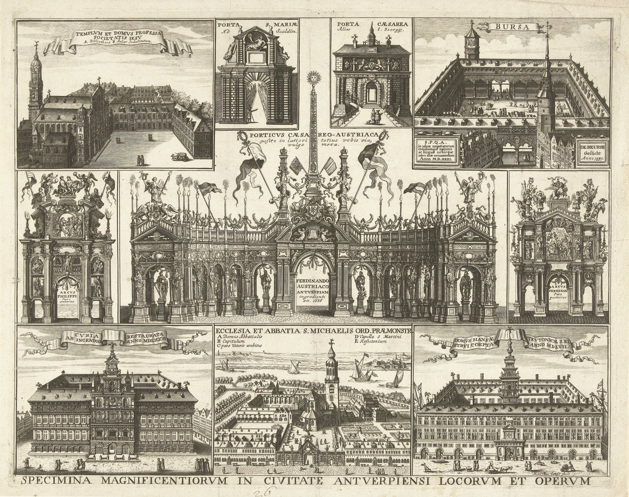 Blad met tien voorsetningen van de intocht van de Kardinaal Infant Ferdinand te Antwerpen, 1635 Okazy najwspanialszych miejsc i dzieł w mieście Antwerpia (tytuł na obiekcie) autorstwa Hendrik Causé