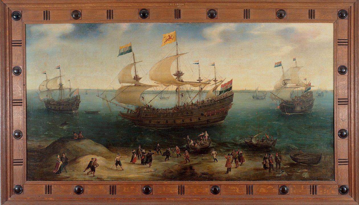 Amsterdamski czteromasztowy statek De Hollandsche Tuyn i inne statki wracają z Brazylii pod dowództwem Paulusa van Heerdena autorstwa Hendrick Cornelisz. Vroom