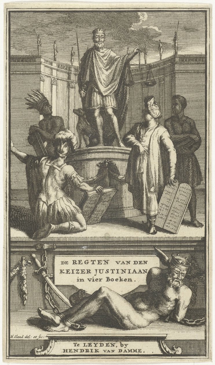 Strona tytułowa praw cesarza Justyniana, Leiden, 1705 REGUŁY CESARZA JUSTYNIANA w czterech księgach (tytuł na przedmiocie) autorstwa Hendrik Elandt