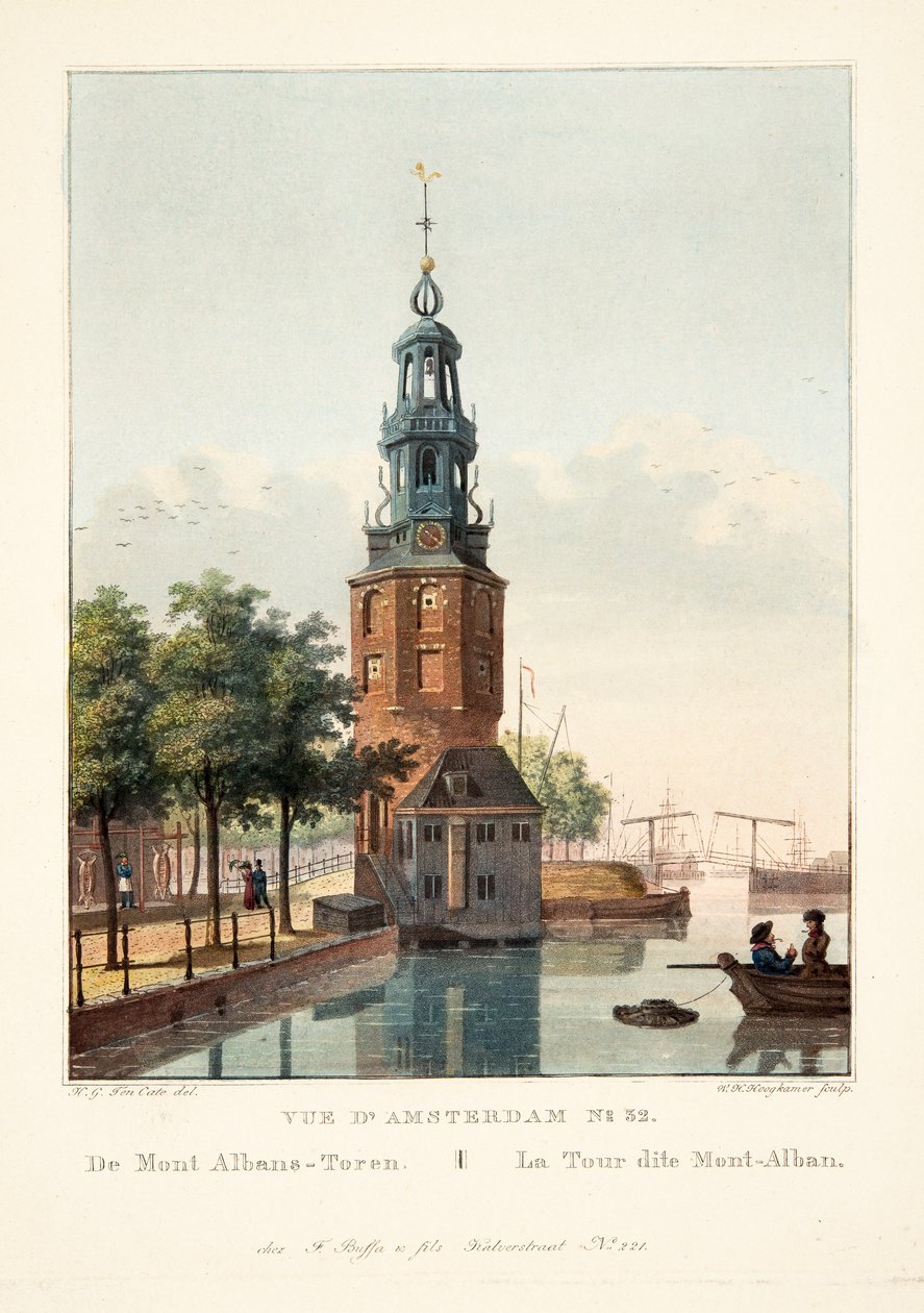 Widok na Amsterdam nr 32. Z Mont Albans-Toren. Tak zwana wieża Mont-Alban, 1825 (ręcznie kolorowany grawerunek) autorstwa Hendrik Gerrit ten Cate