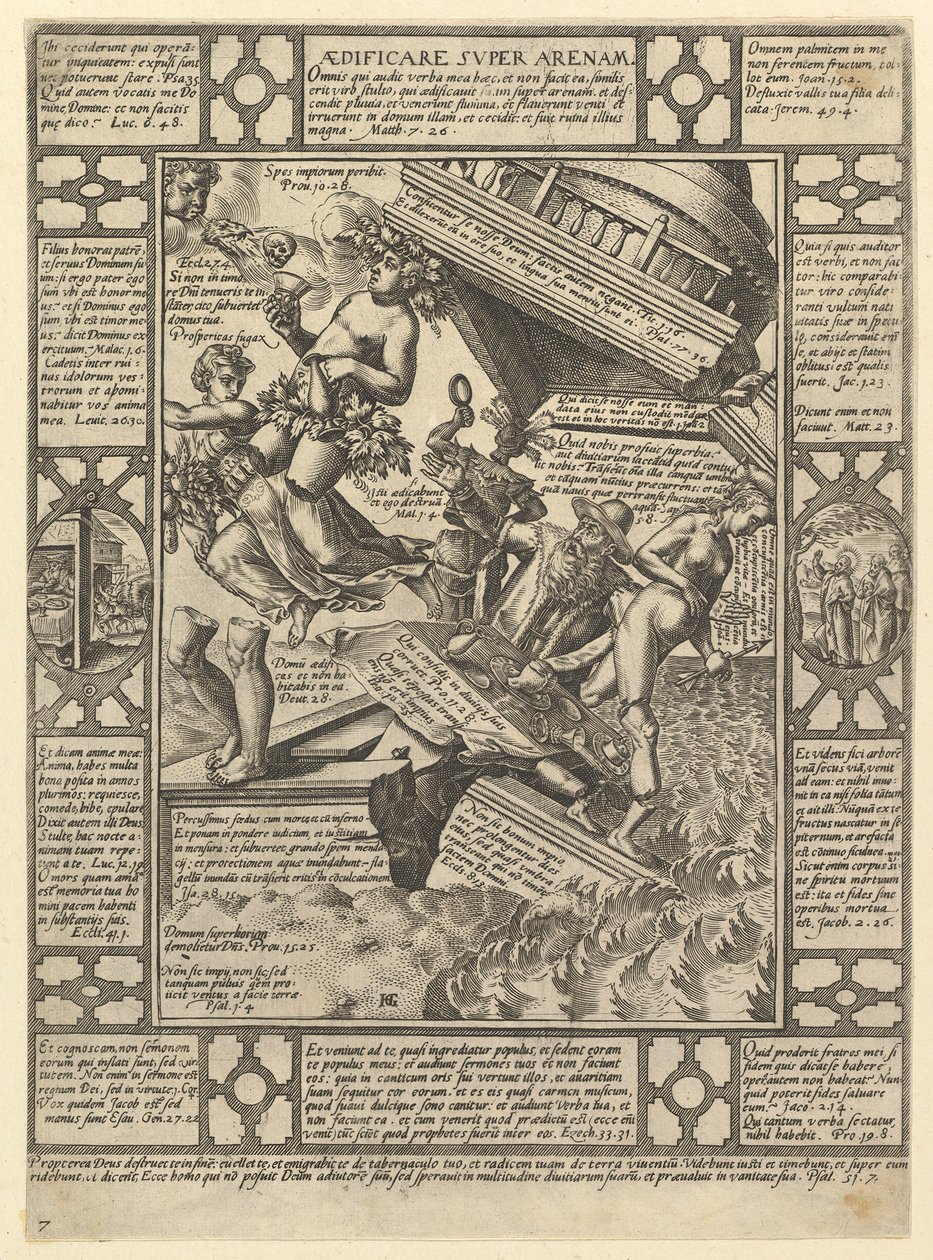 Aedificare Super Arenam, z Alegorii wiary chrześcijańskiej, z Christian i P..., 1575-1617. autorstwa Hendrik Goltzius