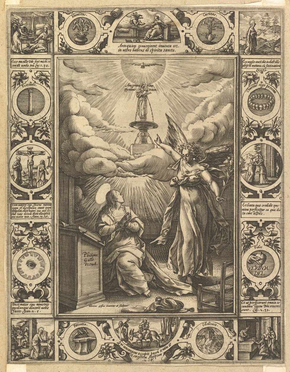 Ave Maria, z Alegorycznych scen z życia Chrystusa, z Alegorii chrześcijańskich i świeckich. autorstwa Hendrik Goltzius