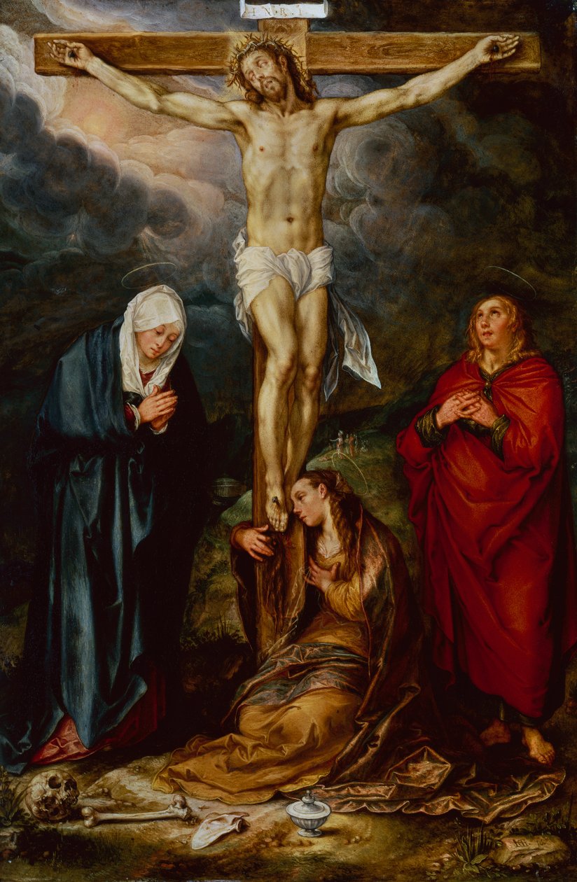 Chrystus na krzyżu, z Marią, św. Janem i Magdaleną (olej na miedzi) autorstwa Hendrik Goltzius