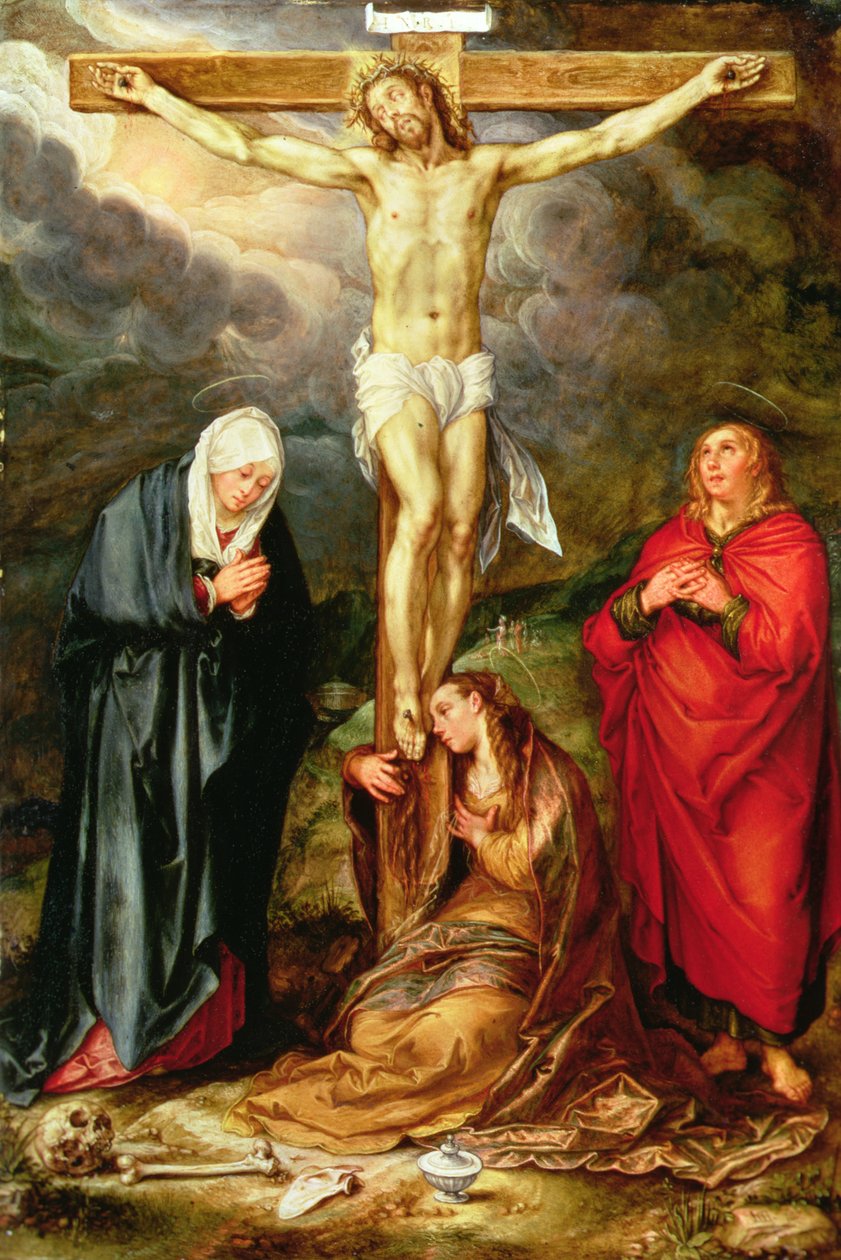 Chrystus na krzyżu, z Marią, św. Janem i Magdaleną, ok. 1600 (olej na miedzi) autorstwa Hendrik Goltzius